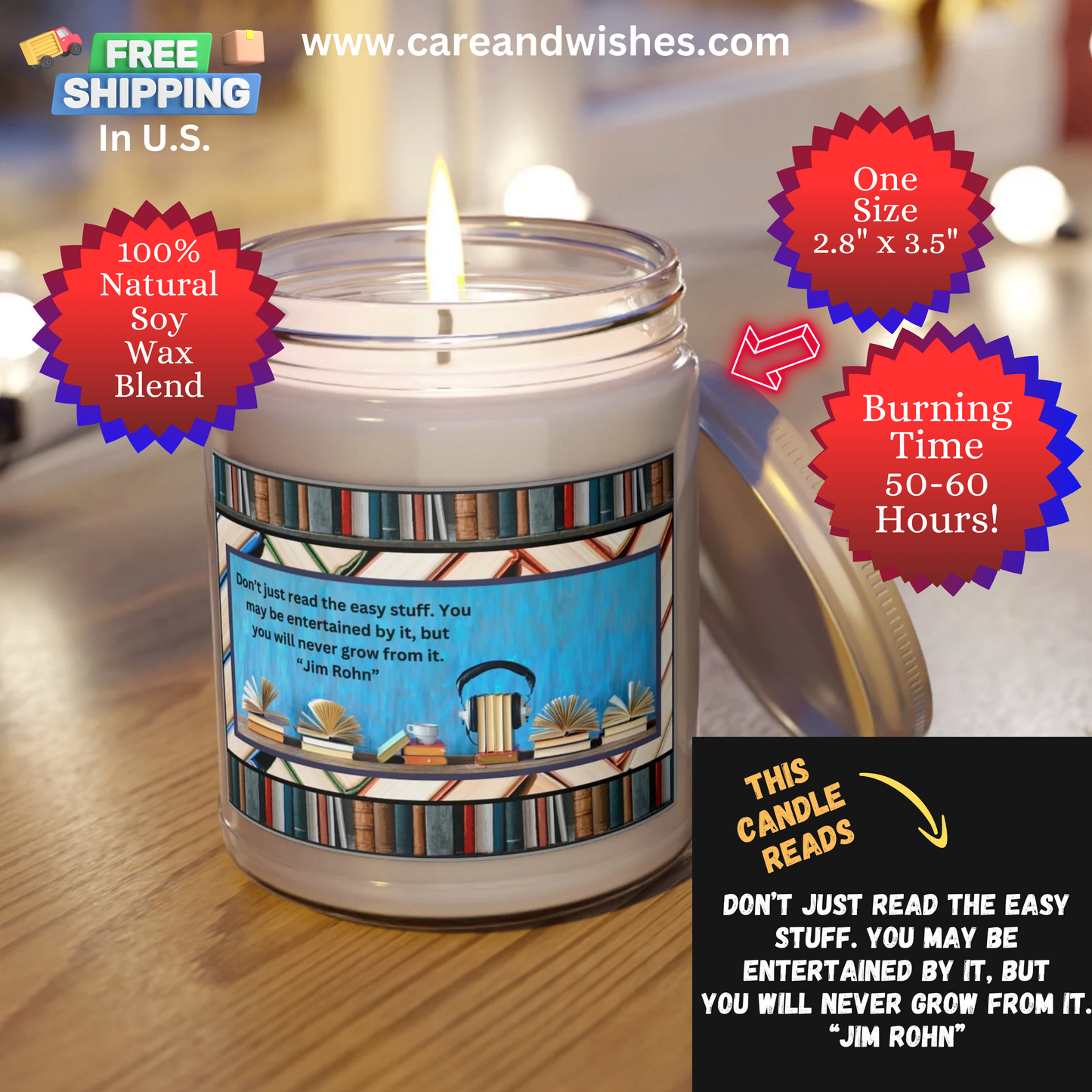 Encased in a sleek glass jar, this candle exudes sophistication and charm. The front of the candle is adorned with a beautiful border of books, symbolizing the endless possibilities that lie within their pages.