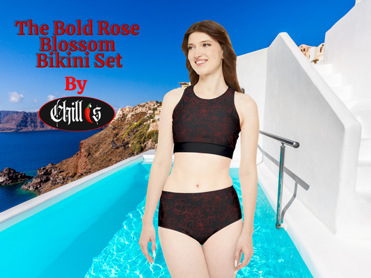 Bold Rose Blossom Sporty Bikini Set. Black Background and Bold Red Roses through-out.
