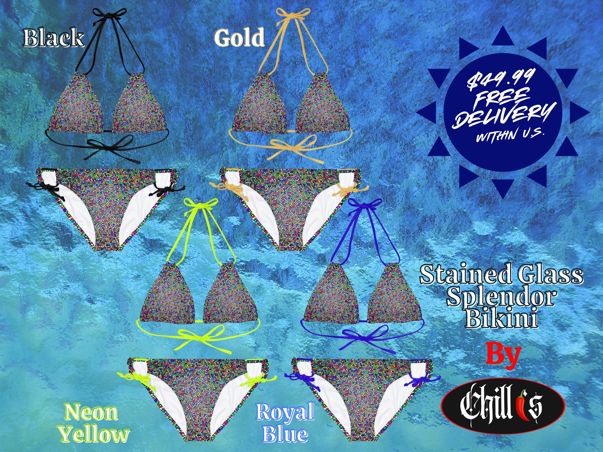 The Stained Glass Splendor Bikini string color choices are Black, Gold, Neon Yellow or Royal Blue. Free Delivery within the U.S.