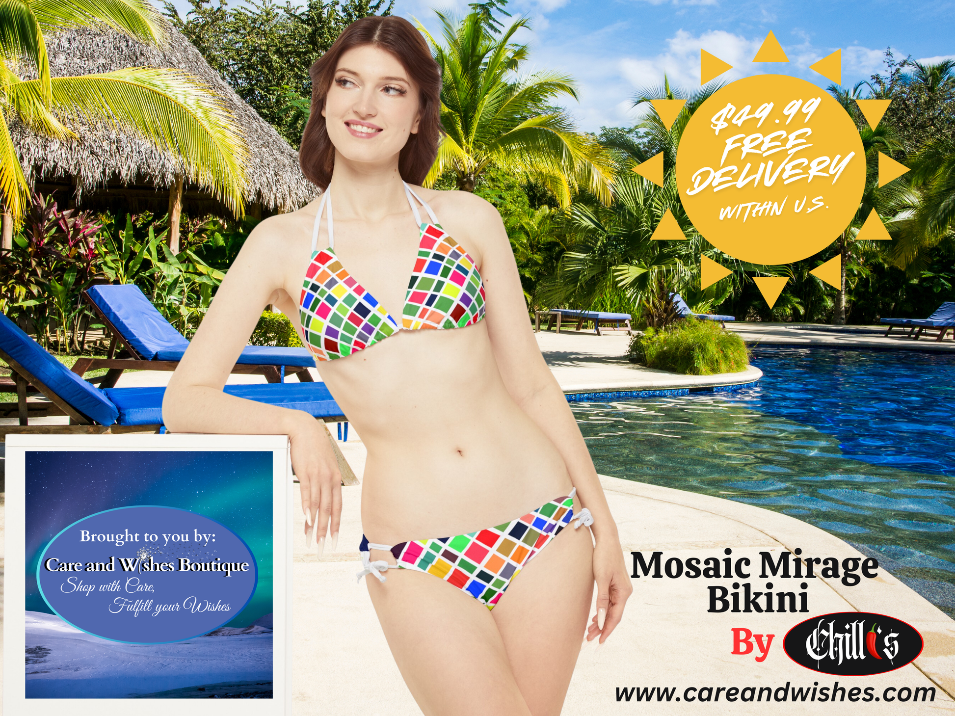 Introducing the "Mosaic Mirage" bikini from our Care and Wishes online store designed by the one and only chilli! This bikini is stylish and incredibly comfortable, thanks to its 4-way stretch tricot fabric.