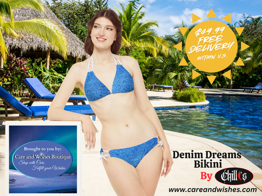 This Gorgeous model is wearing the Denim Dreams designed by Chilli. This bikini resembles  blue jeans, however is so soft and comfortable to wear. The Denim Dreams is available in four Bikini String Colors. Black, White, Silver or Gold.