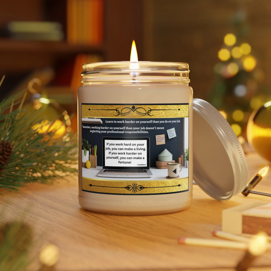 Unleash your inner potential and ignite your personal growth with our 9 ounce scented soy candle. Encased in a stylish glass jar, the captivating label showcases a desk adorned with a laptop, symbolizing the modern professional world.