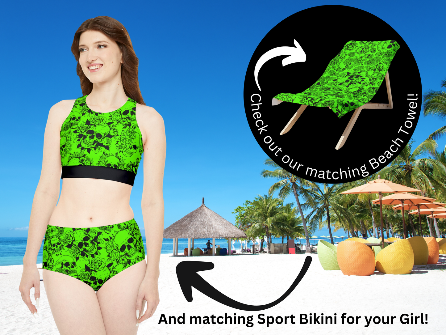 Check this out, we have a matching beach towel and if you have that girl she can match with her sport bikini now how cool is that!. We have a two piece bikini as well. You will have to check that out.