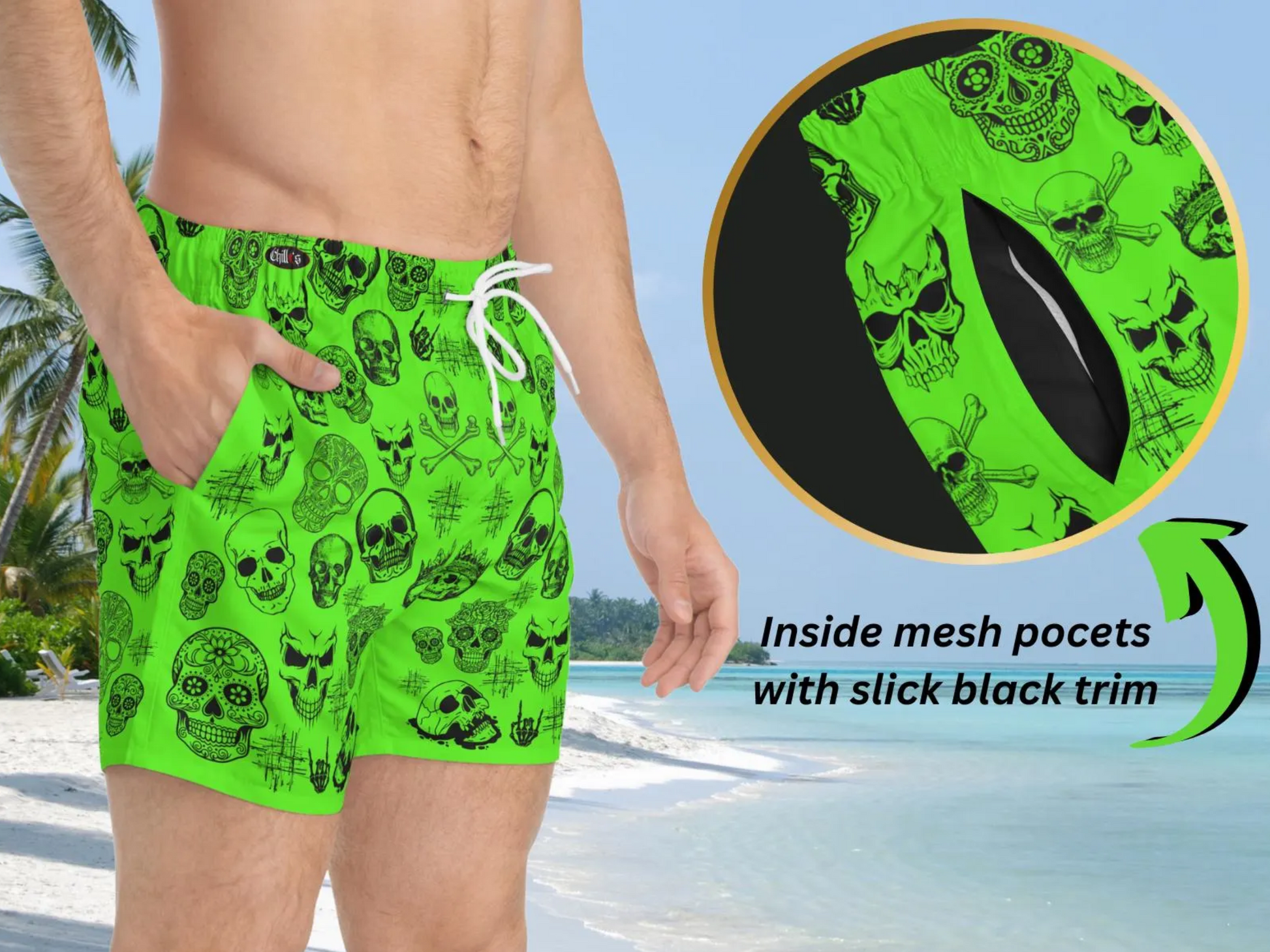 This swimsuit is sure to turn heads wherever you go featuring a vibrant green background adorned with an array of eye catching skull designs The mesh lining ensures comfort and breathability while the mesh basket lining adds an extra layer of support