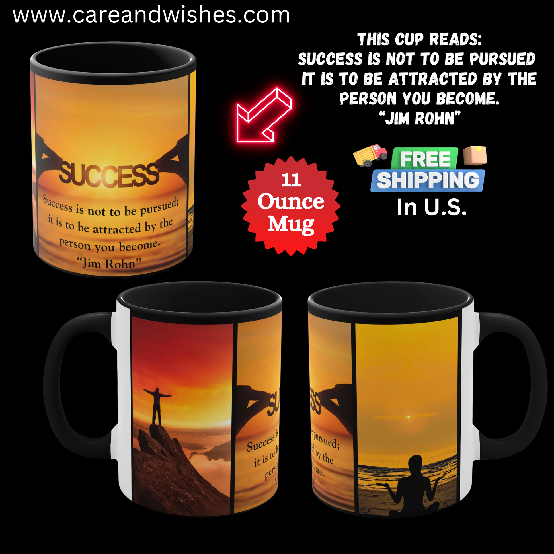 This mug features a captivating image of a beautiful sunset, symbolizing the fulfillment and achievement that success brings. The word Success is elegantly crafted in cut out letters, drawing attention to its significance.