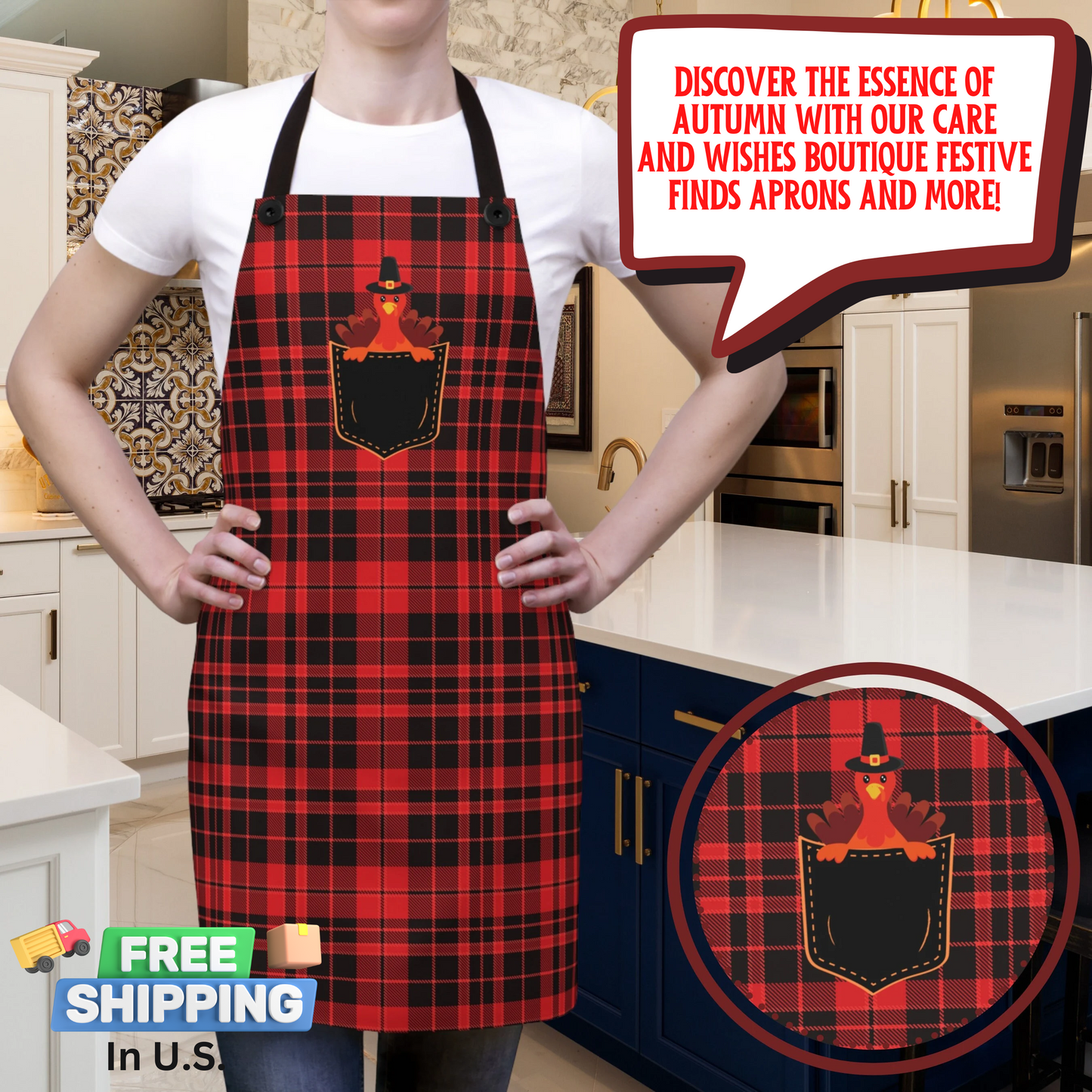 Featuring detachable black twill straps, this apron offers a customizable fit for maximum convenience. The standout feature is the picture on the top and center pocket, where a charming turkey peeks out wearing a pilgrims hat.