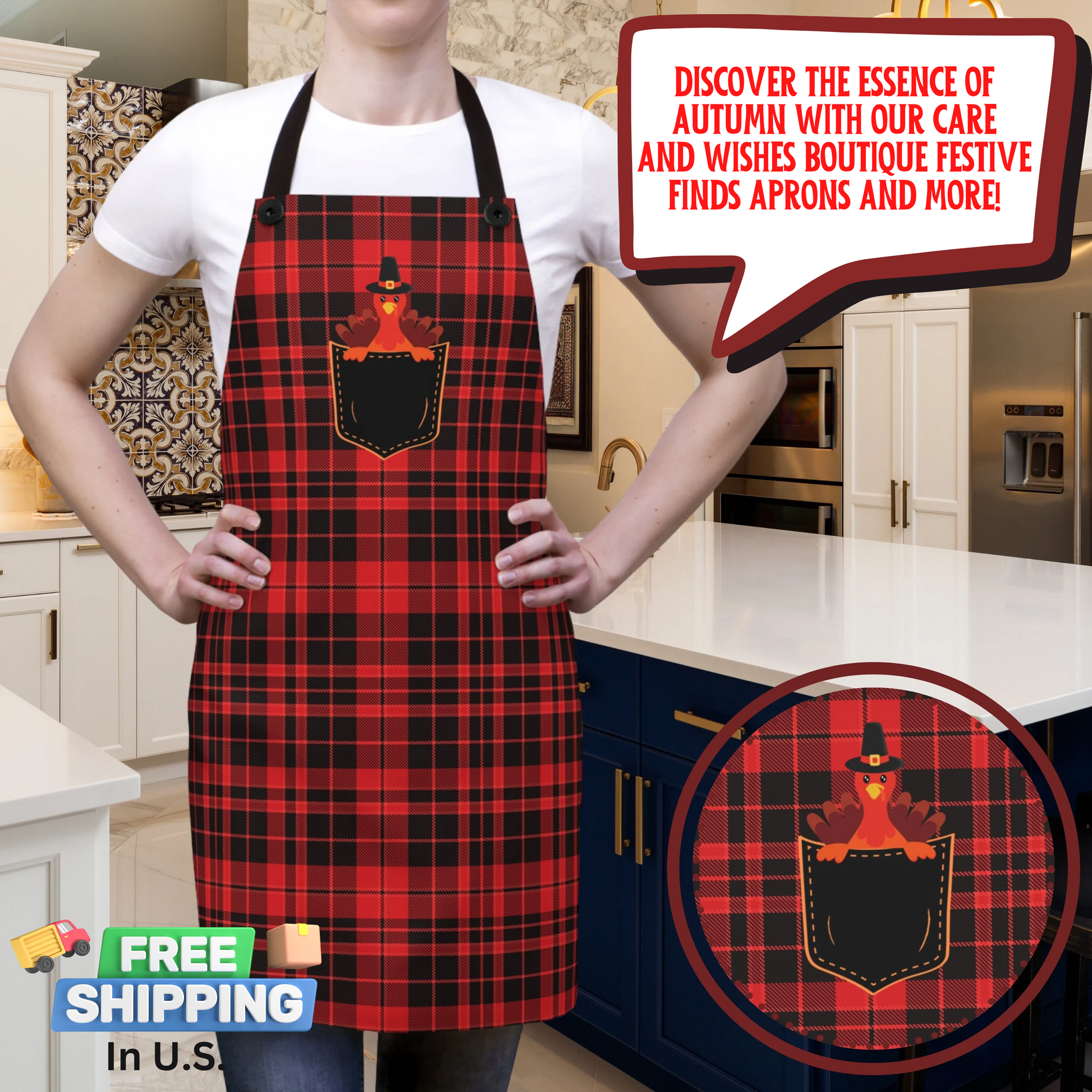 Featuring detachable black twill straps, this apron offers a customizable fit for maximum convenience. The standout feature is the picture on the top and center pocket, where a charming turkey peeks out wearing a pilgrims hat.