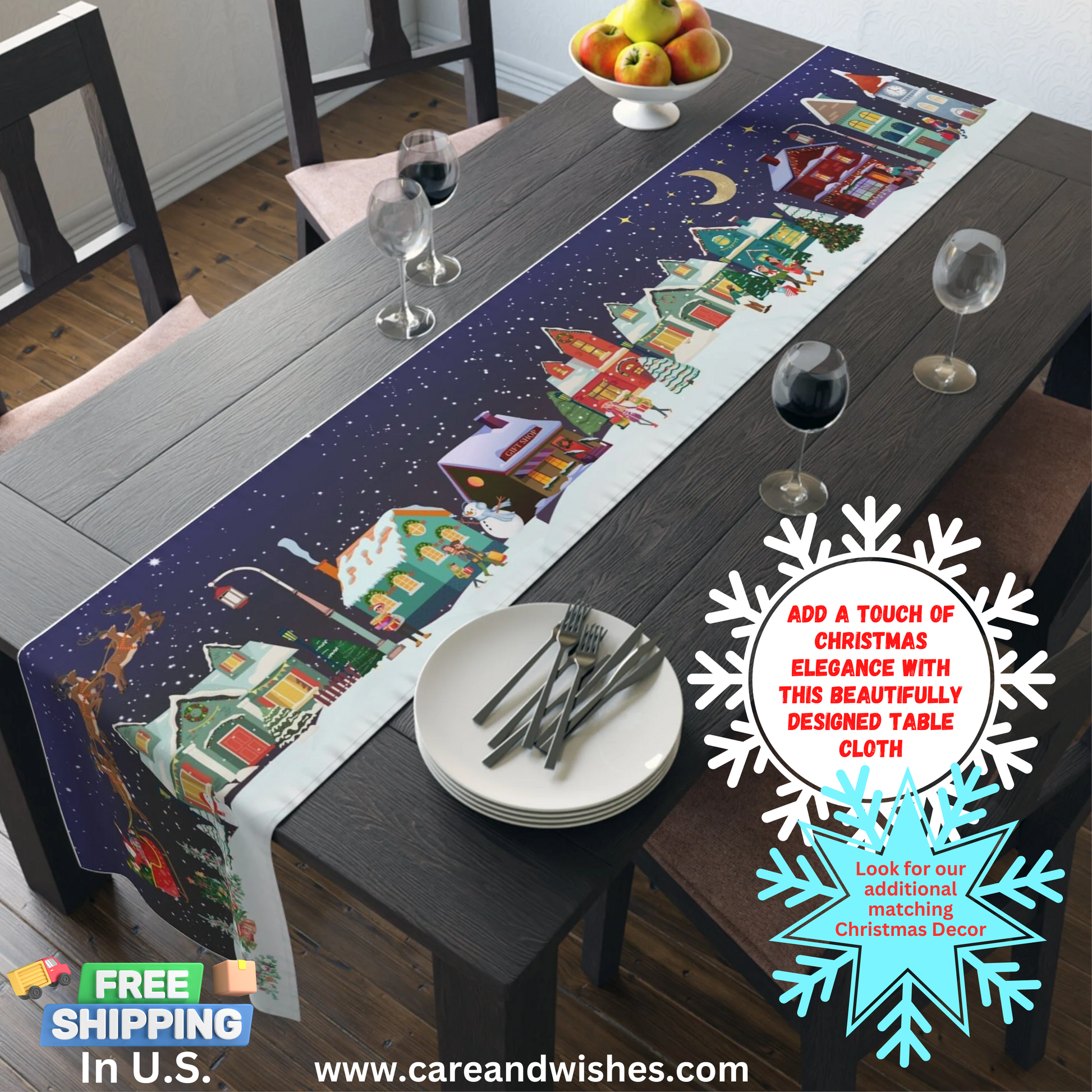 The design of this table runner captures the enchanting spirit of Christmas with a picturesque small-town scene. Adorned with snow-covered roofs and a charming backdrop of several trees, it truly brings the winter wonderland indoors.