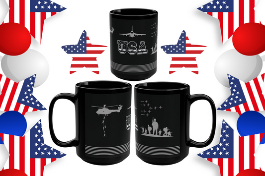 Introducing our latest creation from Care and Wishes Boutique the USA Patriotic 15 ounce coffee mug This black ceramic mug features a sleek and glossy finish, adding a touch of elegance to your morning routine.