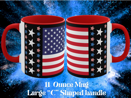 Introducing our Care and Wishes Boutiques patriotic 11  ounce coffee cup This stunning ceramic coffee cup features a two tone design with a white exterior and a colored interior and handle.