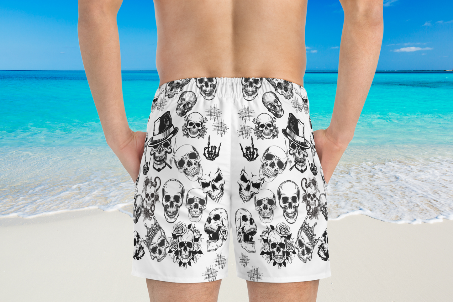 Featuring a striking white background adorned with a variety of bold black skull designs, this swimsuit embodies a unique blend of elegance and edginess.