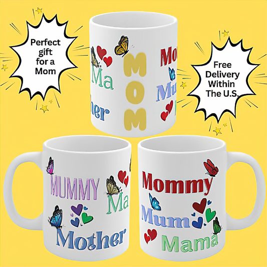 11 ounce coffee cup, Coffee mug, Mom cup, Mom Mug, Mom Gift, Funny Mug, Care Gift, Mother's Day Gift, Birthday Gift, Butterfly Cup, Hearts