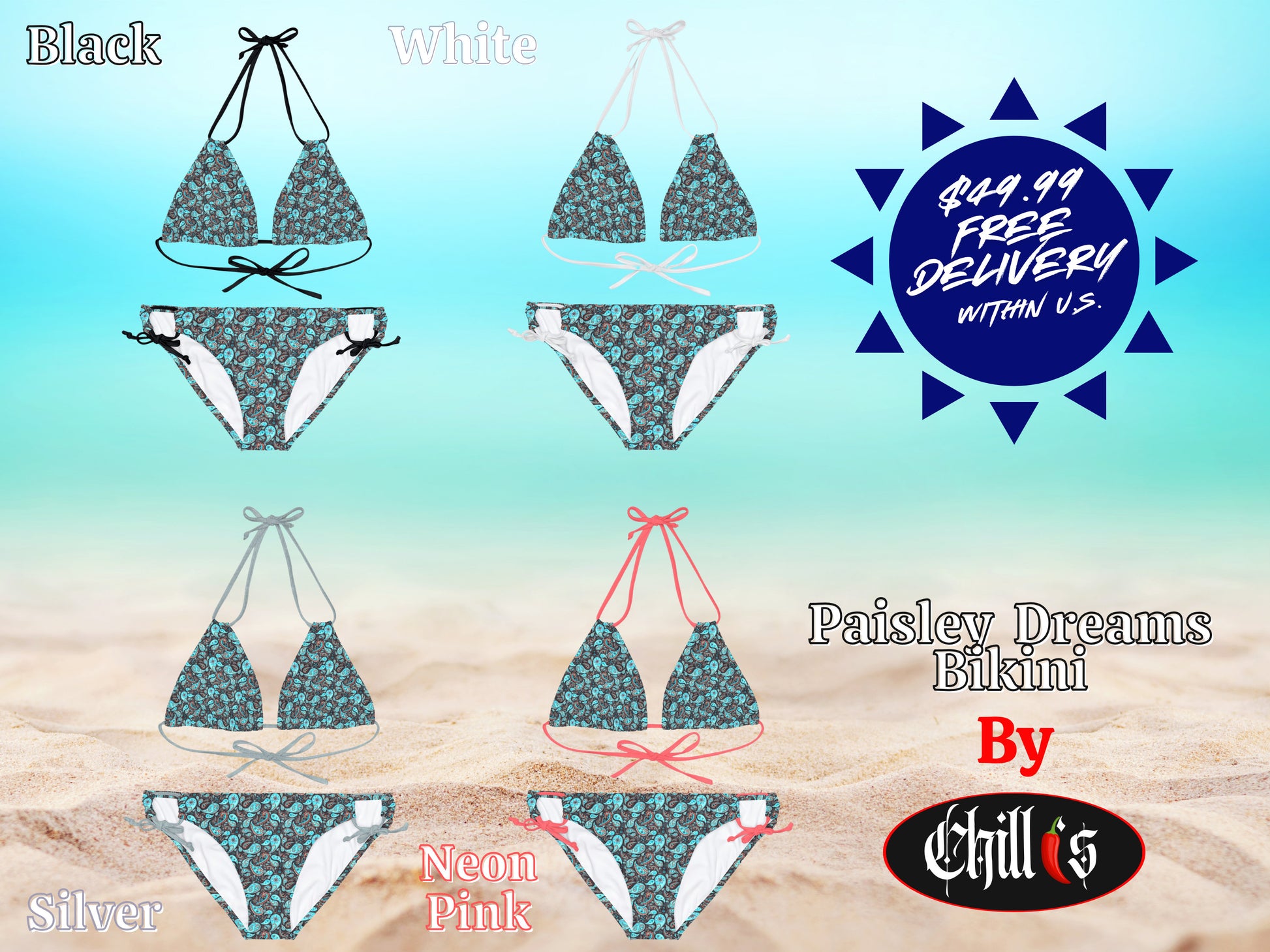 This shows the bikinis showing the four string color options. Black, White, Silver and Neon Pink. Also Free shipping within the U.S.