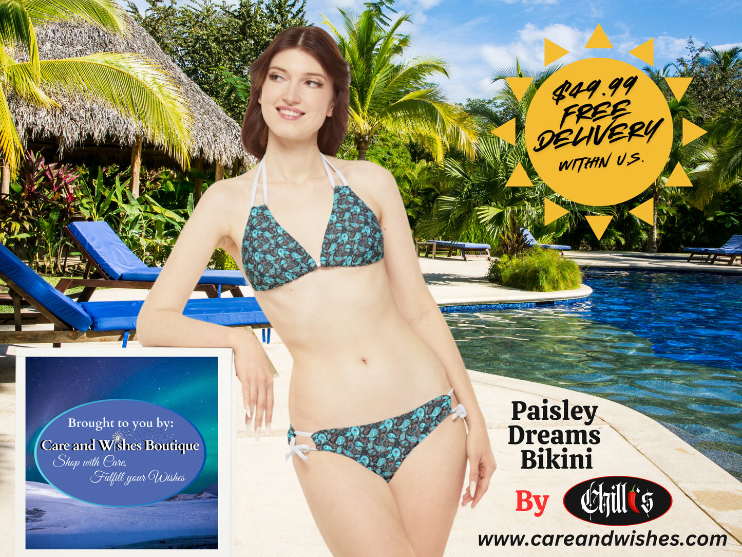 This beautiful model is displaying the Paisley Dreams Bikini designed by Chilli. The Paisleys are of Seafoam Green and Brown in color. This Bikini is available in four bikini strings color options and they are Black, White, Silver and Neon Pink.