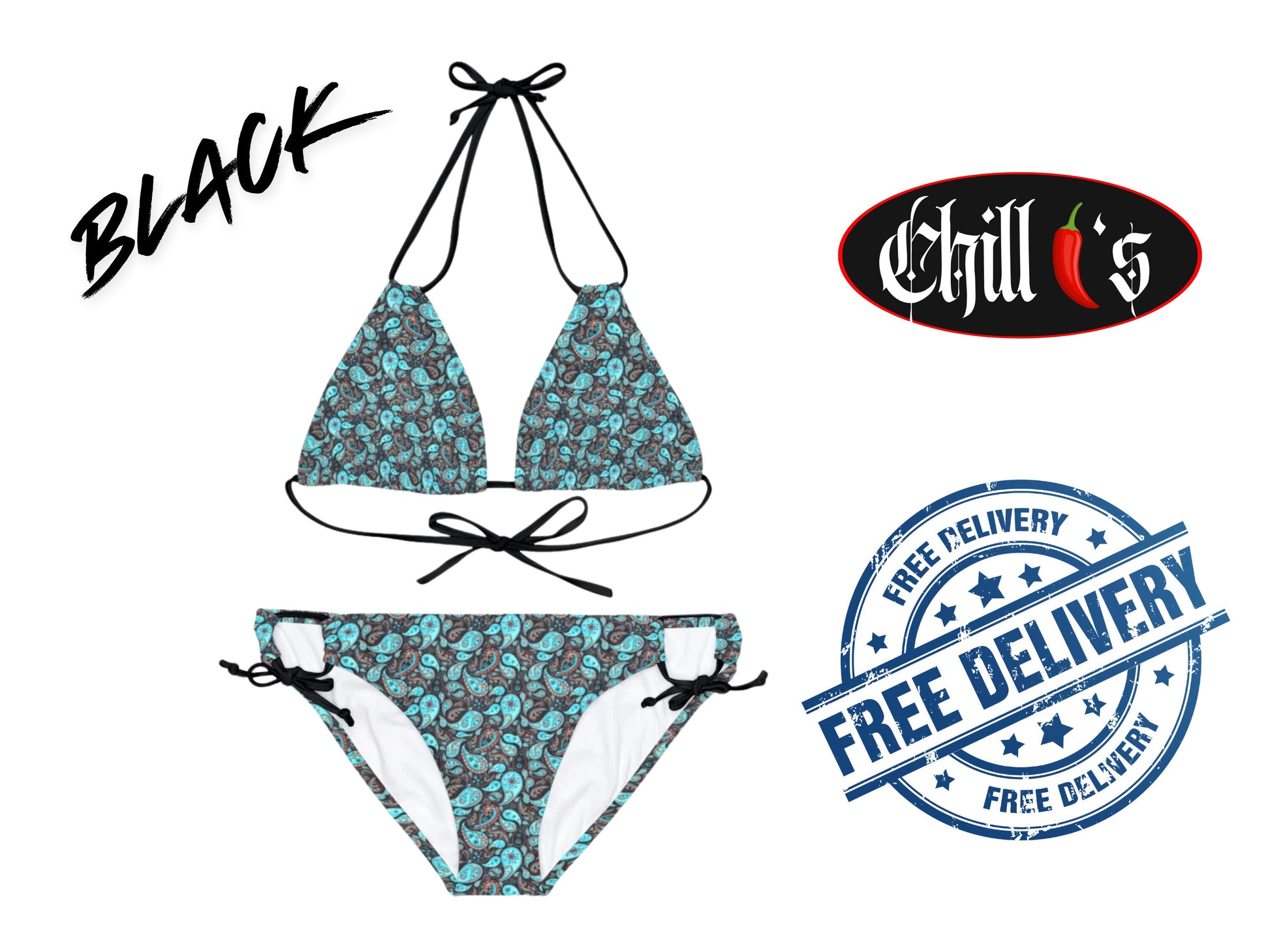 Paisley Dreams Bikini with Black Bikini Strings. Designed By Chilli.