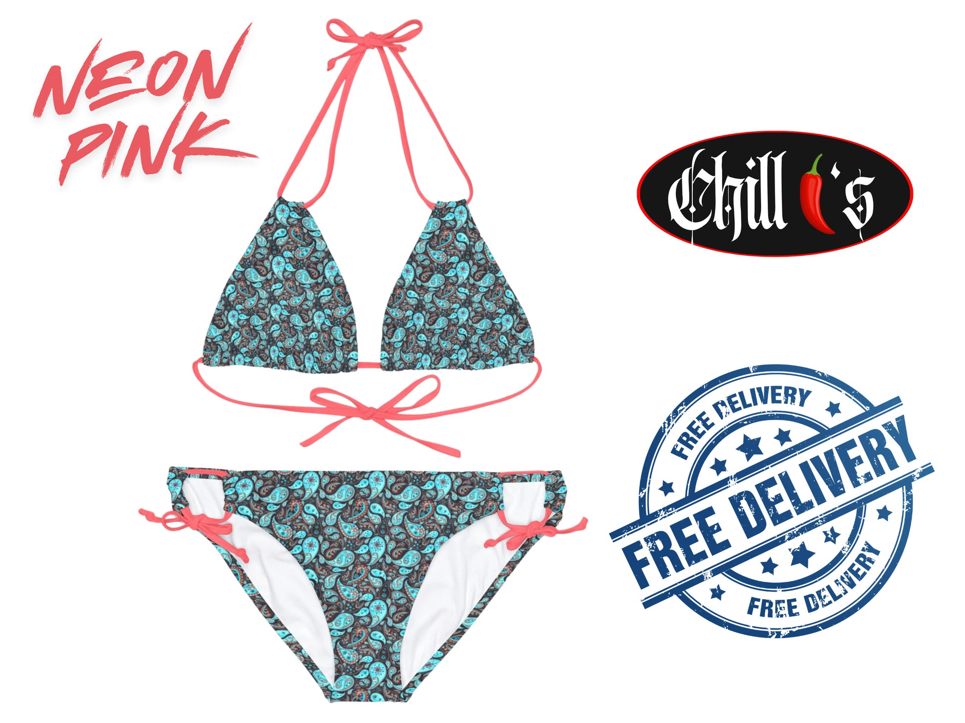 Paisley Dreams Bikini with Neon Pink Bikini Strings. Designed By Chilli.