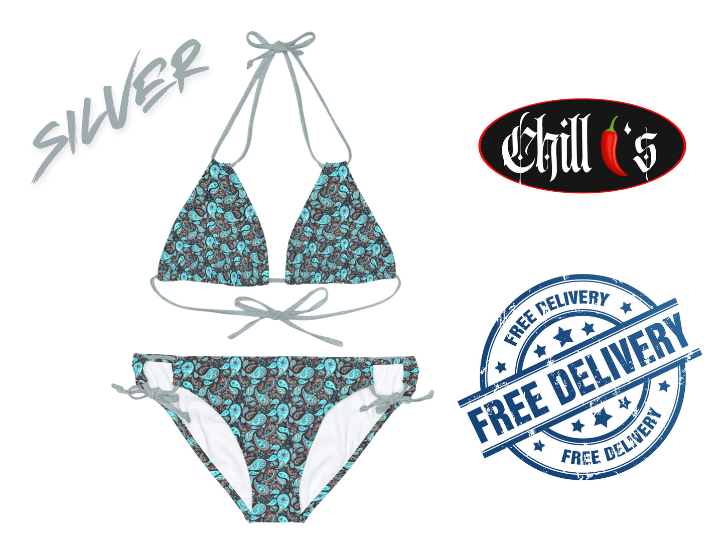 Paisley Dreams Bikini with Silver Bikini Strings. Designed By Chilli.