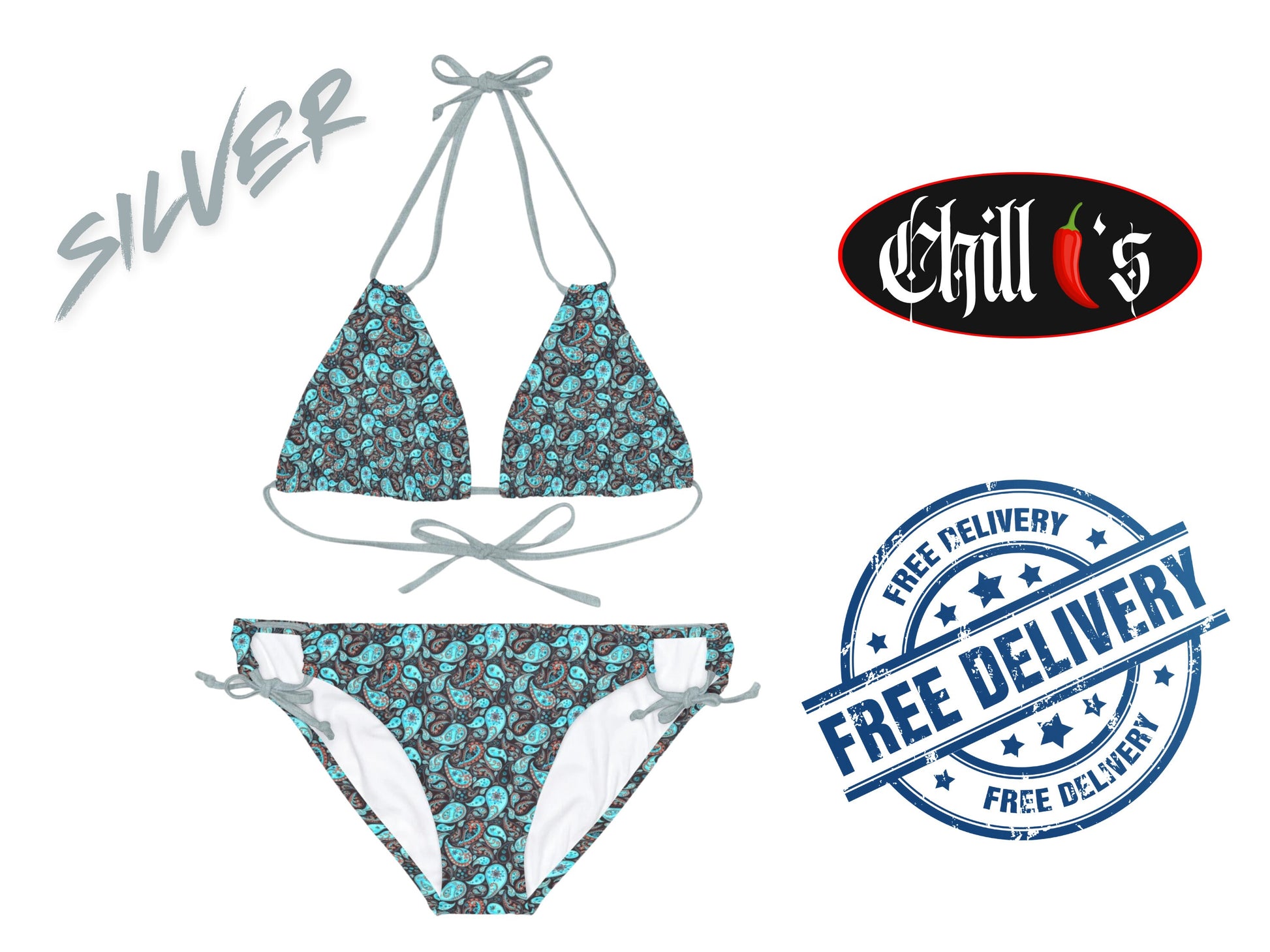 Paisley Dreams Bikini with Silver Bikini Strings. Designed By Chilli.