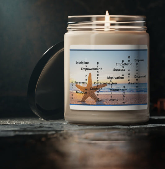 "Transport yourself to a serene beach paradise with our mesmerizing scented candle. Encased in a sleek glass jar, the label showcases a stunning beach scene, complete with pristine sand and gentle waves lapping against the shore. In the center, a starfish stands tall, symbolizing resilience and strength amidst life's challenges.