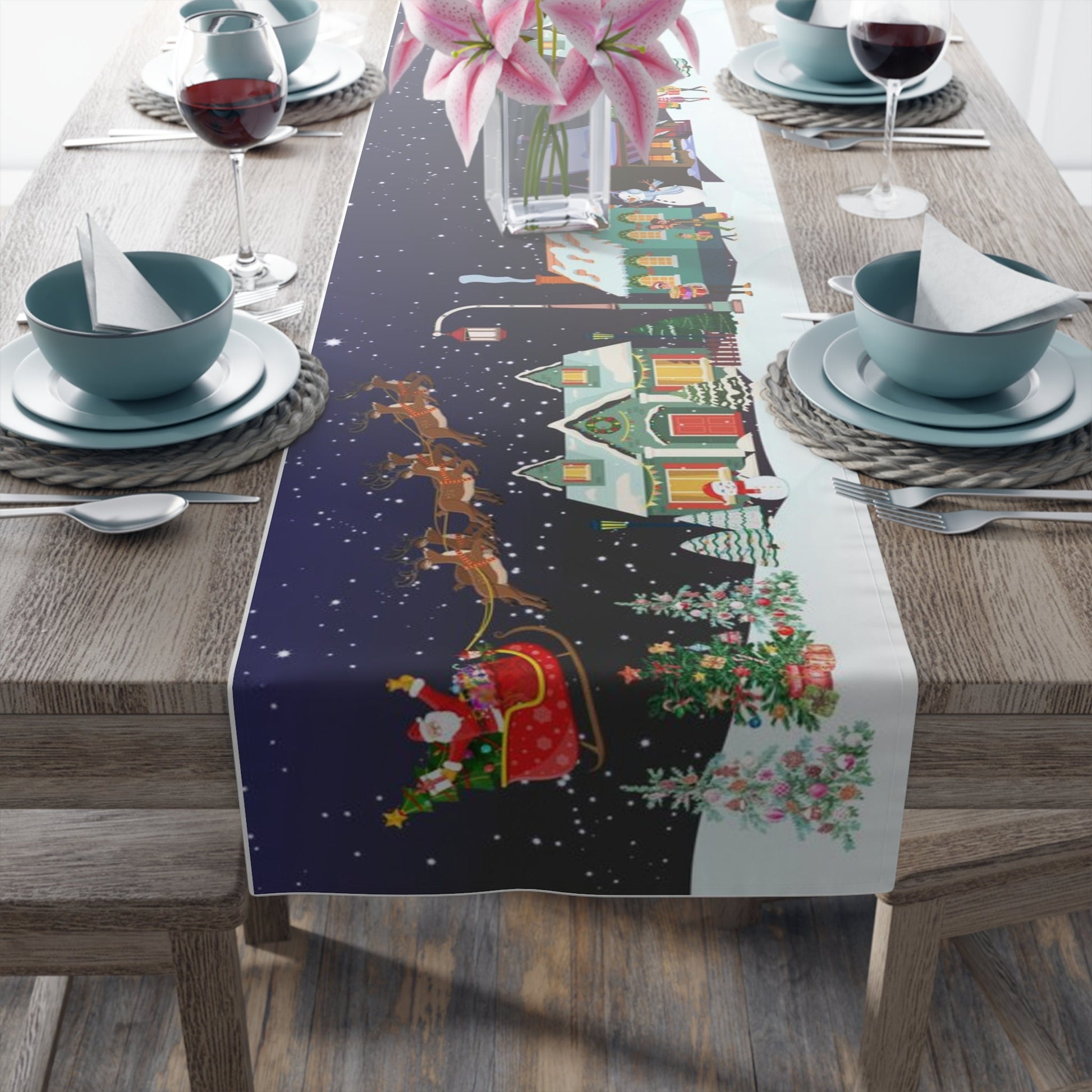  The scene comes alive with decorative street lights illuminating the way and cheerful people carrying their Christmas shopping bags, adding a touch of festive cheer.