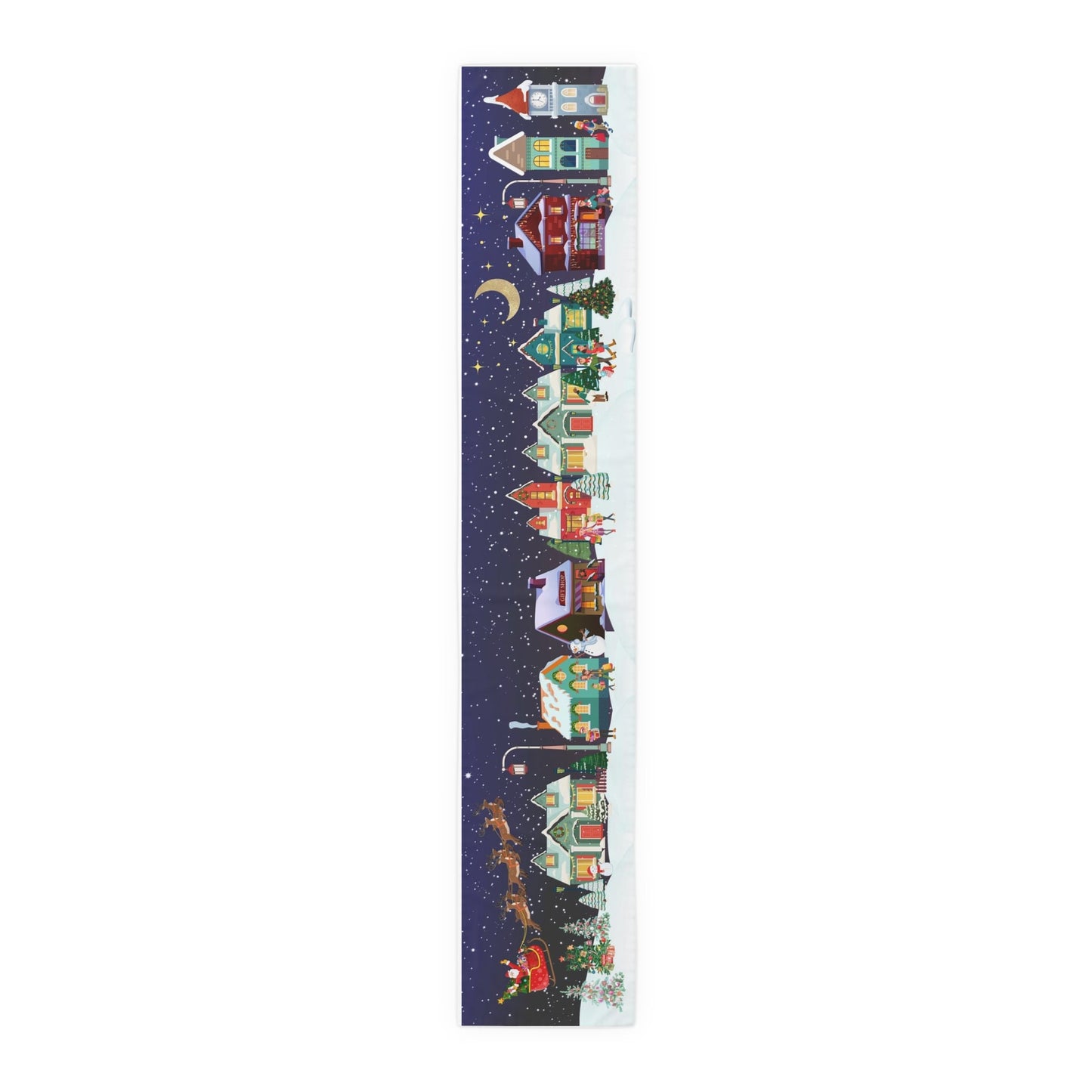 In the far corner of the design, you'll find Santa Claus with his sleigh and reindeer gracefully lifted off above the houses, spreading joy and magic to all. This delightful imagery is sure to captivate the hearts of all who gather around your table this holiday season.